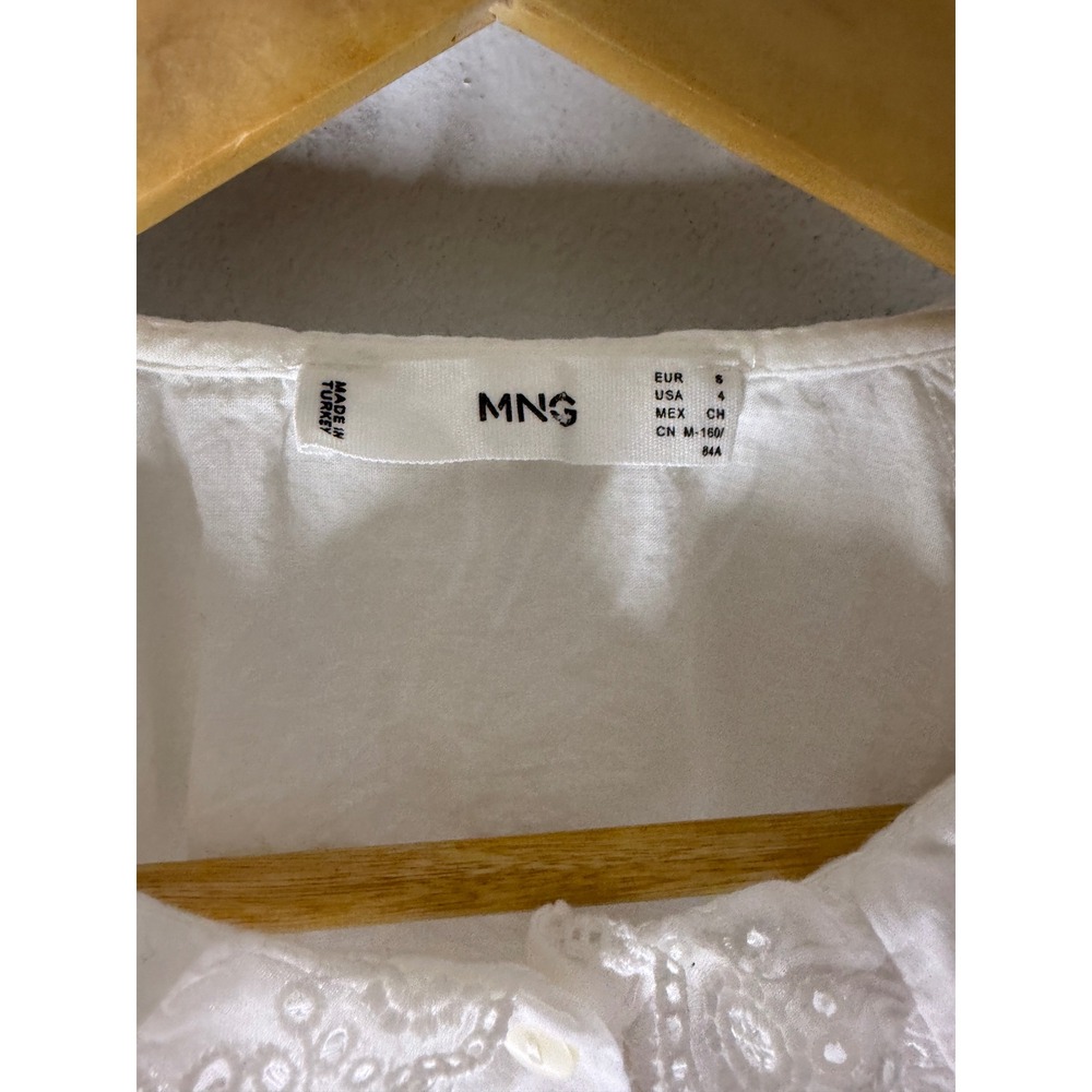 Mango MNG White Eyelet Embroidered Peter Pan Collar Puff Sleeve Blouse Size 4 - Picture 5 of 5
